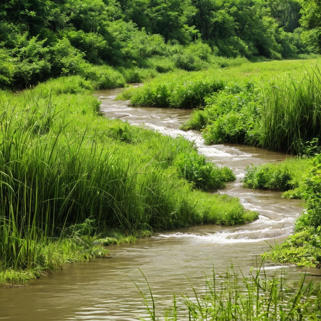 a close up of a river running through a lush green field, a picture by Carl Rahl, flickr, land art, marshes, marsh, marsh vegetation, twisted waterway, vibrant but dreary gold, grass and water, babbling brook, stunning nature in background, real-life brook, overgrown swamp, yellow and green, swamp land, rhode island