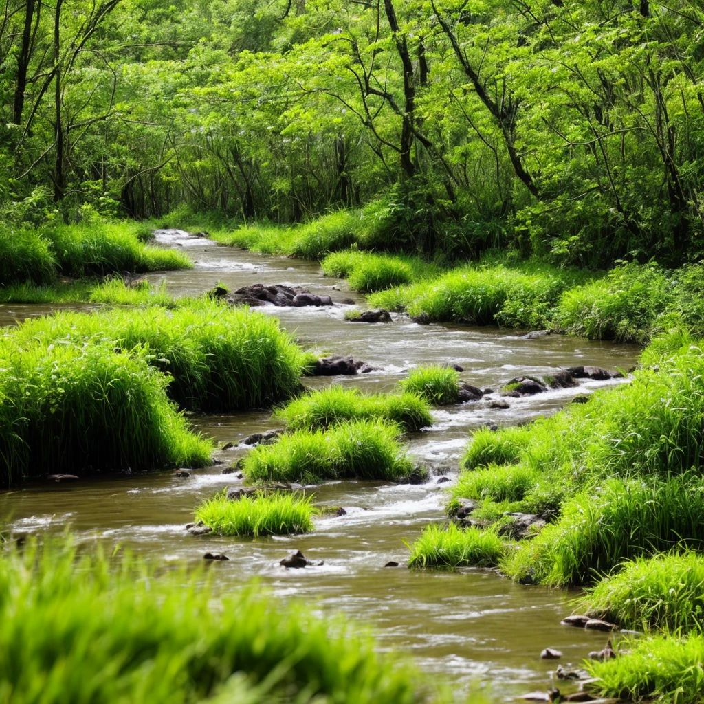 a close up of a river running through a lush green field, a picture by Carl Rahl, flickr, land art, marshes, marsh, marsh vegetation, twisted waterway, vibrant but dreary gold, grass and water, babbling brook, stunning nature in background, real-life brook, overgrown swamp, yellow and green, swamp land, rhode island