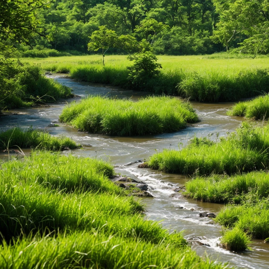 a close up of a river running through a lush green field, a picture by Carl Rahl, flickr, land art, marshes, marsh, marsh vegetation, twisted waterway, vibrant but dreary gold, grass and water, babbling brook, stunning nature in background, real-life brook, overgrown swamp, yellow and green, swamp land, rhode island