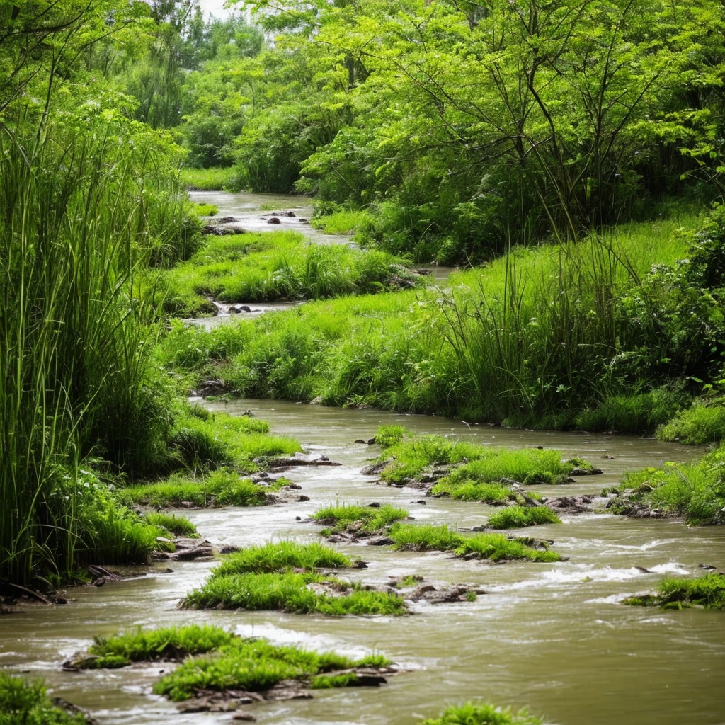 a close up of a river running through a lush green field, marshes, marsh, marsh vegetation, twisted waterway, by Carl Rahl, vibrant but dreary gold, by John Ellsworth Weis, by Jim Manley, by Greg Spalenka, grass and water, by Samuel Birmann, by David Garner, by Richard Hess, by Richard Gruelle