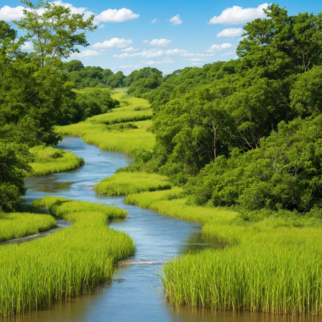 a close up of a river running through a lush green field, marshes, marsh, marsh vegetation, twisted waterway, by Carl Rahl, vibrant but dreary gold, by John Ellsworth Weis, by Jim Manley, by Greg Spalenka, grass and water, by Samuel Birmann, by David Garner, by Richard Hess, by Richard Gruelle