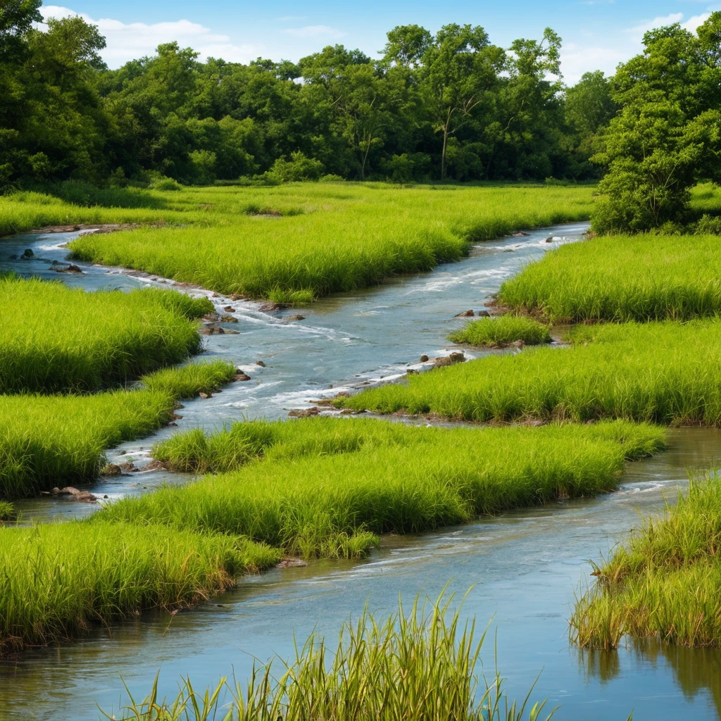 a close up of a river running through a lush green field, marshes, marsh, marsh vegetation, twisted waterway, by Carl Rahl, vibrant but dreary gold, by John Ellsworth Weis, by Jim Manley, by Greg Spalenka, grass and water, by Samuel Birmann, by David Garner, by Richard Hess, by Richard Gruelle