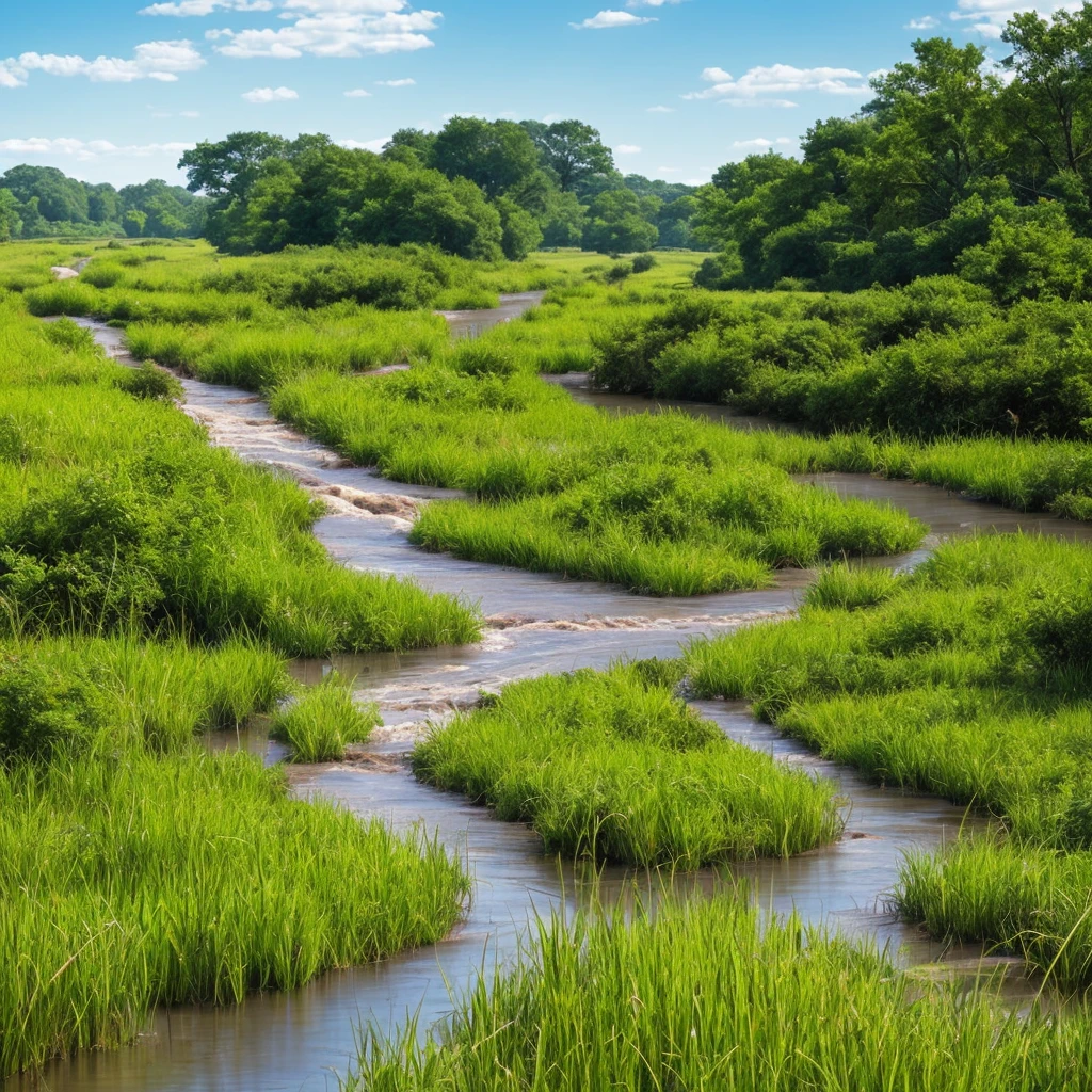 a close up of a river running through a lush green field, marshes, marsh, marsh vegetation, twisted waterway, by Carl Rahl, vibrant but dreary gold, by John Ellsworth Weis, by Jim Manley, by Greg Spalenka, grass and water, by Samuel Birmann, by David Garner, by Richard Hess, by Richard Gruelle