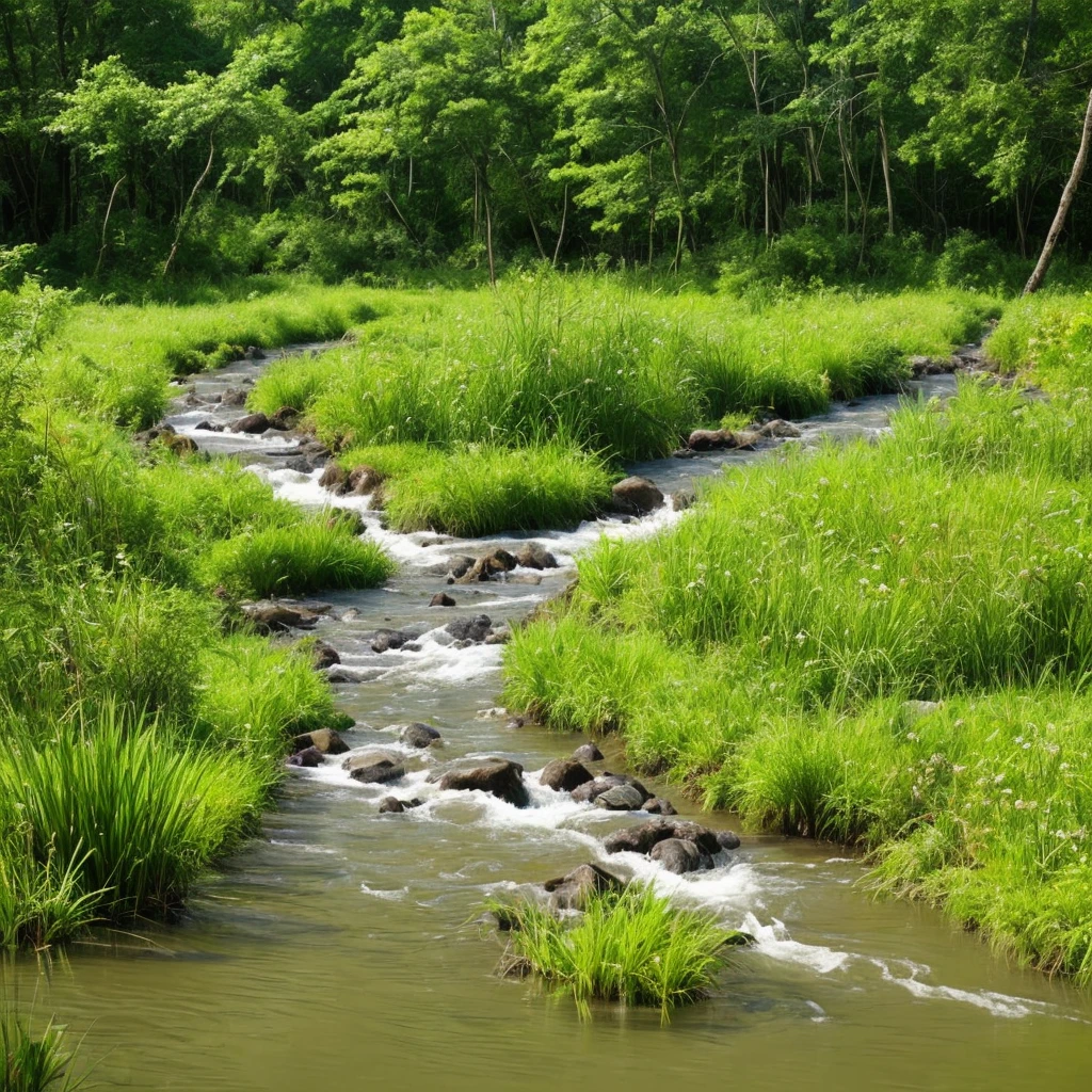 a close up of a river running through a lush green field, a picture by Carl Rahl, flickr, land art, marshes, marsh, marsh vegetation, twisted waterway, vibrant but dreary gold, grass and water, babbling brook, stunning nature in background, real-life brook, overgrown swamp, yellow and green, swamp land, rhode island