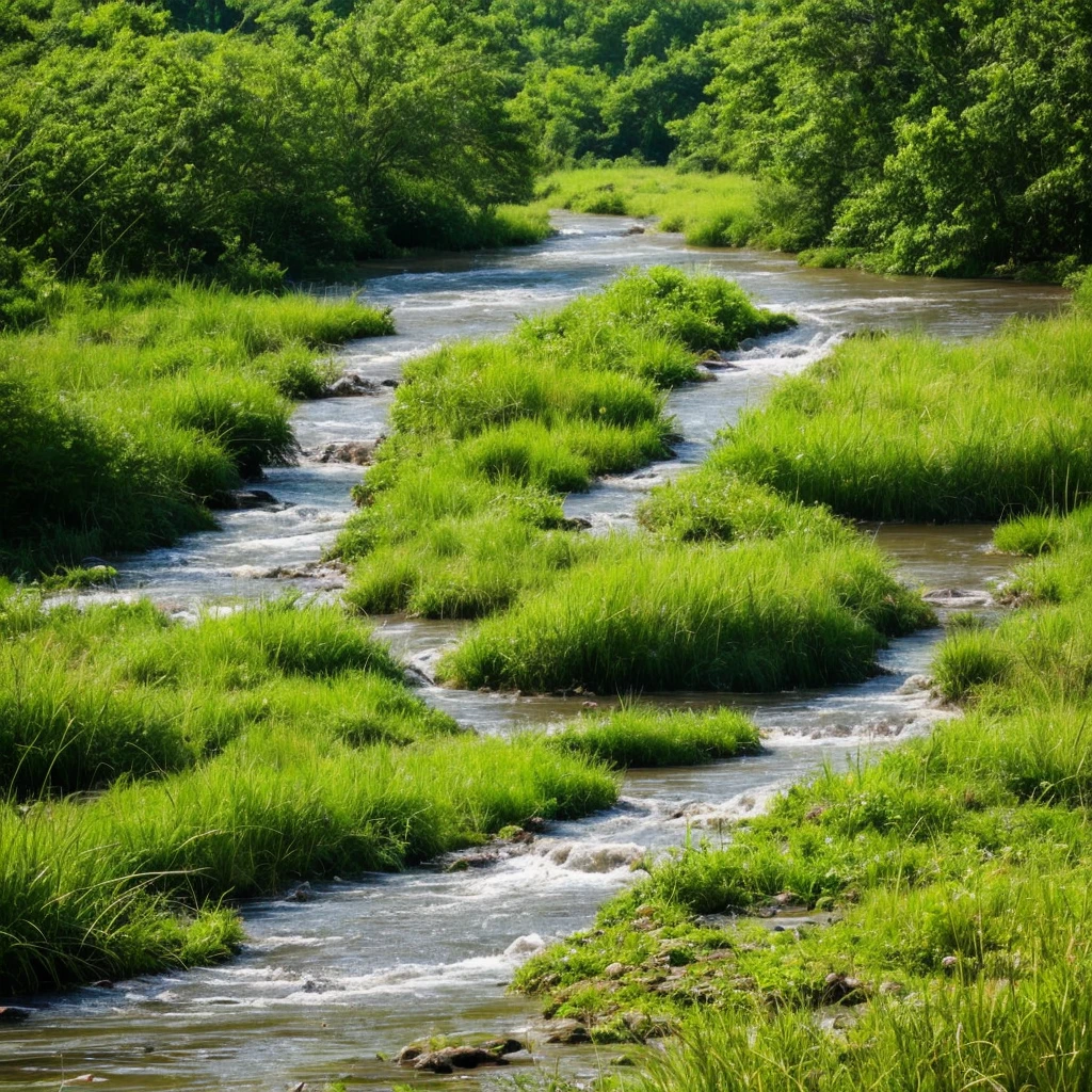 a close up of a river running through a lush green field, marshes, marsh, marsh vegetation, twisted waterway, by Carl Rahl, vibrant but dreary gold, by John Ellsworth Weis, by Jim Manley, by Greg Spalenka, grass and water, by Samuel Birmann, by David Garner, by Richard Hess, by Richard Gruelle
