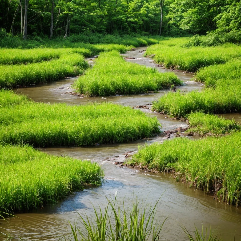 a close up of a river running through a lush green field, a picture by Carl Rahl, flickr, land art, marshes, marsh, marsh vegetation, twisted waterway, vibrant but dreary gold, grass and water, babbling brook, stunning nature in background, real-life brook, overgrown swamp, yellow and green, swamp land, rhode island