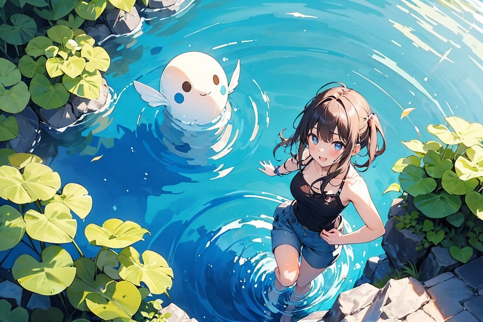 Woman walking on calm water, ((from above:1.5)), From above, Overlooking、Dancing Woman、Bottom Fish, Aquatic plants, Pool, Poolをを泳ぐ魚影
