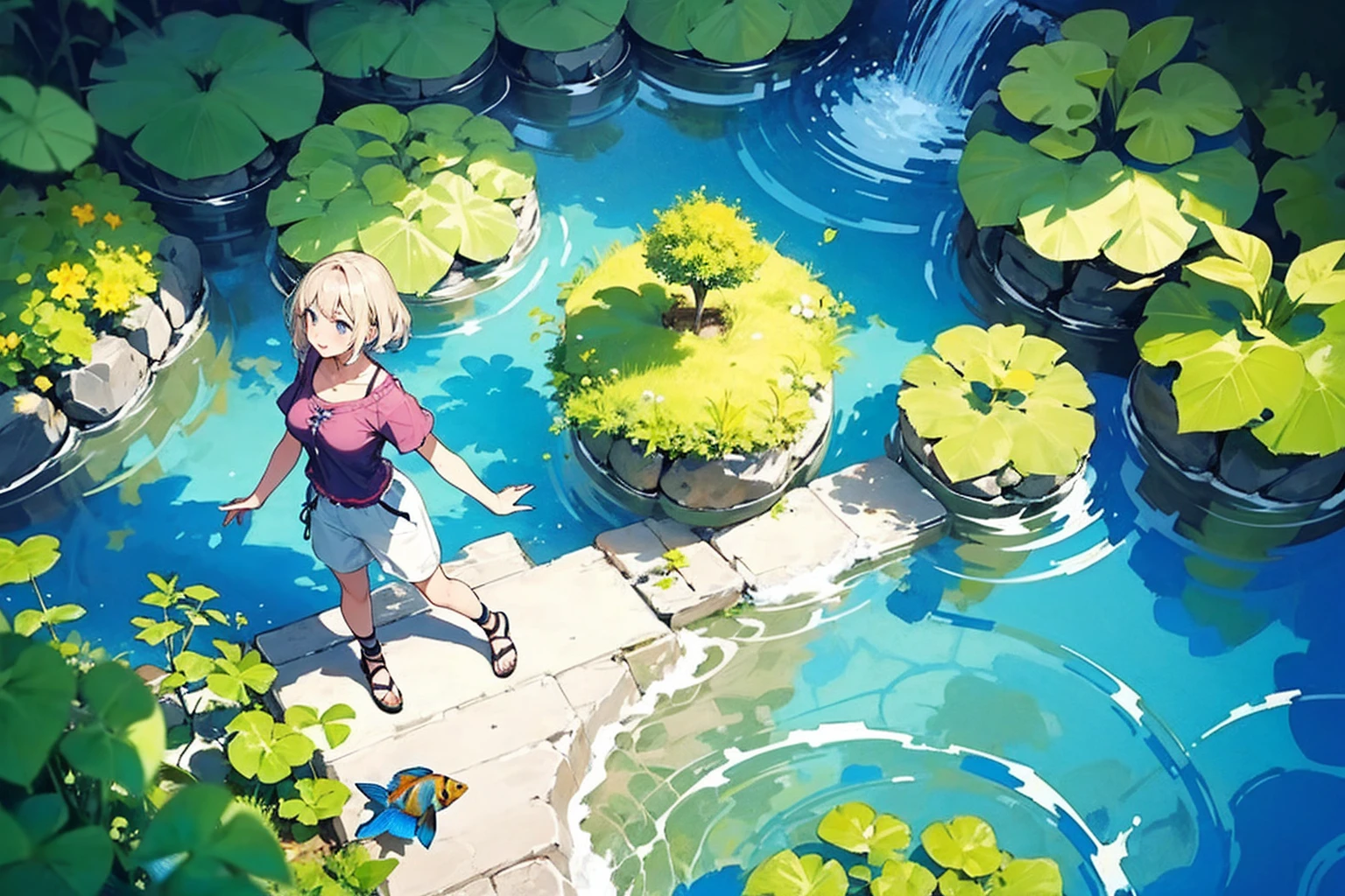 Woman walking on calm water, ((from above:1.5)), From above, Overlooking、Dancing Woman、Bottom Fish, Aquatic plants, Pool, Poolをを泳ぐ魚影