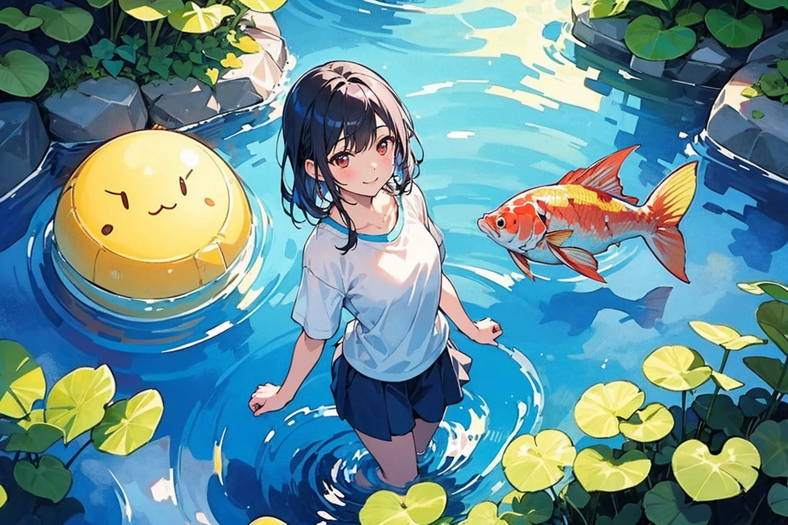 Woman walking on calm water, ((from above:1.5)), From above, Overlooking、Dancing Woman、Bottom Fish, Aquatic plants, Pool, Poolをを泳ぐ魚影
