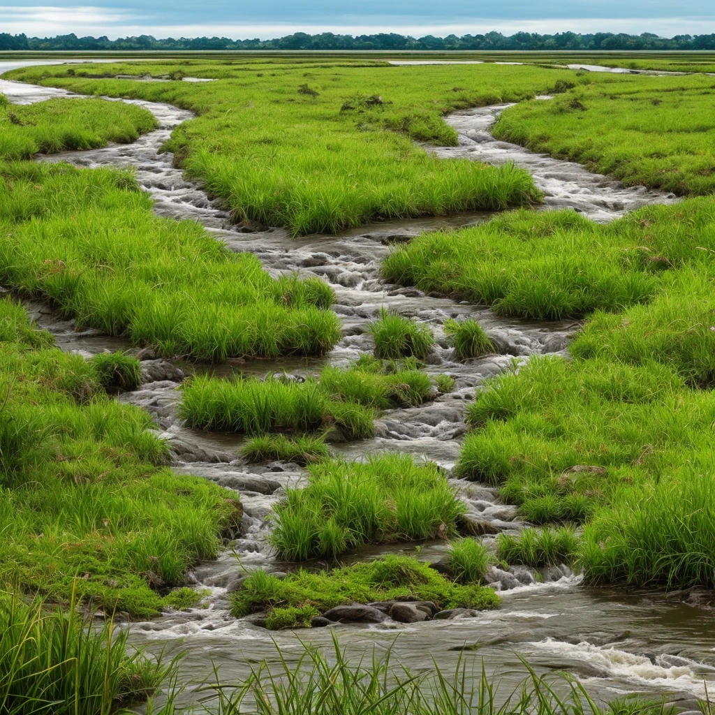 a close up of a river running through a lush green field, marshes, marsh, marsh vegetation, twisted waterway, by Carl Rahl, vibrant but dreary gold, by John Ellsworth Weis, by Jim Manley, by Greg Spalenka, grass and water, by Samuel Birmann, by David Garner, by Richard Hess, by Richard Gruelle