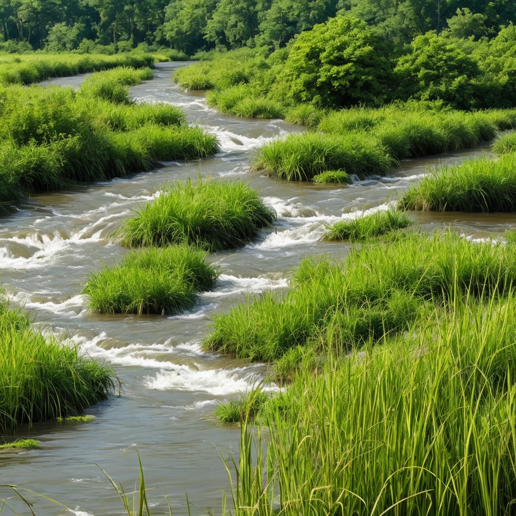 a close up of a river running through a lush green field, marshes, marsh, marsh vegetation, twisted waterway, by Carl Rahl, vibrant but dreary gold, by John Ellsworth Weis, by Jim Manley, by Greg Spalenka, grass and water, by Samuel Birmann, by David Garner, by Richard Hess, by Richard Gruelle