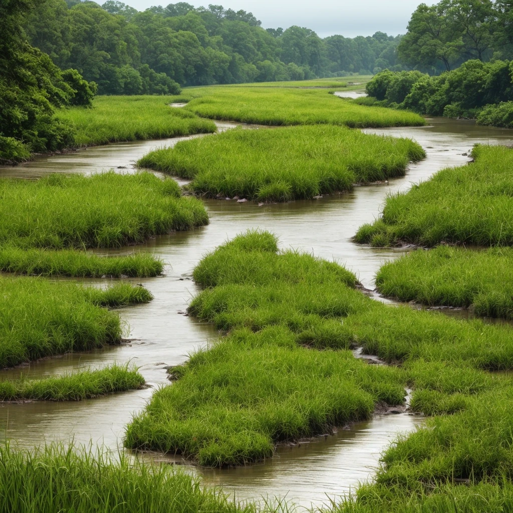a close up of a river running through a lush green field, marshes, marsh, marsh vegetation, twisted waterway, by Carl Rahl, vibrant but dreary gold, by John Ellsworth Weis, by Jim Manley, by Greg Spalenka, grass and water, by Samuel Birmann, by David Garner, by Richard Hess, by Richard Gruelle