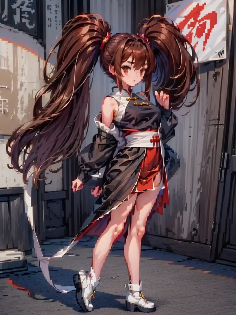 masterpiece, Highest quality, 8K, Pixel Art, ((One woman)), whole body, fine, fineな顔, {{China dress, red, Beautiful embroidery, mini, Tai Chi Pattern}}Chinese clothing, Brown Hair, Ring-shaped hair, Twin tails, Kicking:1.3, Roundhouse kick, {Circular kick}, effect, 炎のeffect, 派手なeffect