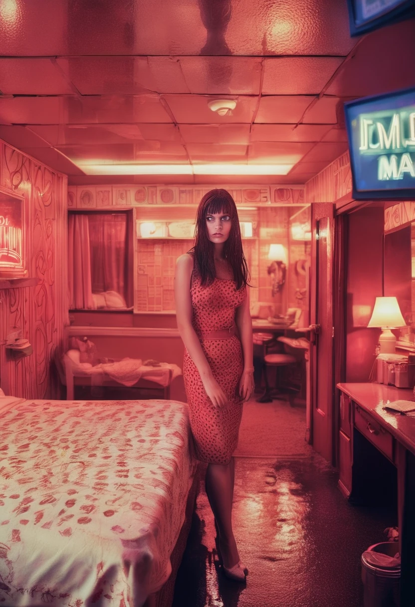 Photo of a young woman standing inside a motel room looking at the camera, from 1960s, red theme, a window at the background, New York street at night with pouring rain and neon signs inside the window, night