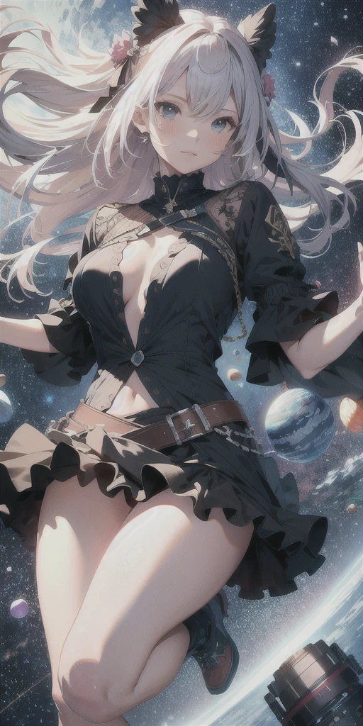 ridiculous resolution, high resolution, (masterpiece:1.4), super detailed, 1Girl, seen from above, space, floating, --v 6