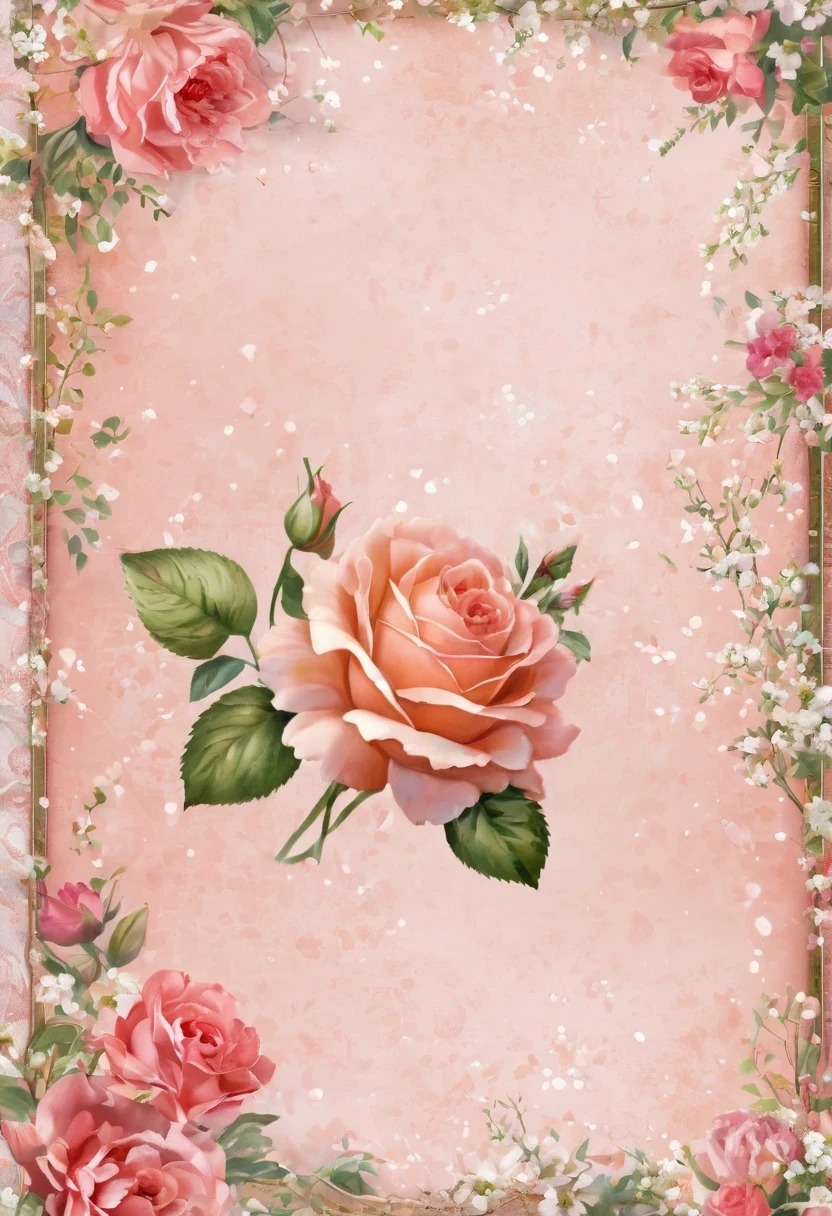 (((masterpiece))), (((Highest quality))), ((Super detailed)), (Highly detailed CG illustrations), ((非常にdelicateで美しい)), （overhead shot）,(最高masterpiece:1.4),delicate,８ｋ,( Background Pages:1.4),race,Lots of ribon,Shabby chic, Linen,race編み,roses,(gypsophila),(VINTAGE light salmon SCRAPPY PAPERS), a selection of pretty pages with flowers that will work with,((Digital Paper:1.4)),Stamperia,(DAPHNE’S DIARY:1.4),Watercolor