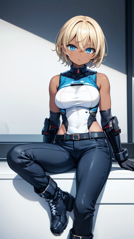 ((Highest quality))，masterpiece，Ultra-high resolution，One Woman，A dark-skinned woman in her 20s，Anime Women，Short blonde hair，Asymmetrical Shorts，blue eyes，Rin々Nice face，A listless look，Lazy face，White sleeveless shirt，Black tight pants style，High Tech Gloves，tech boots，