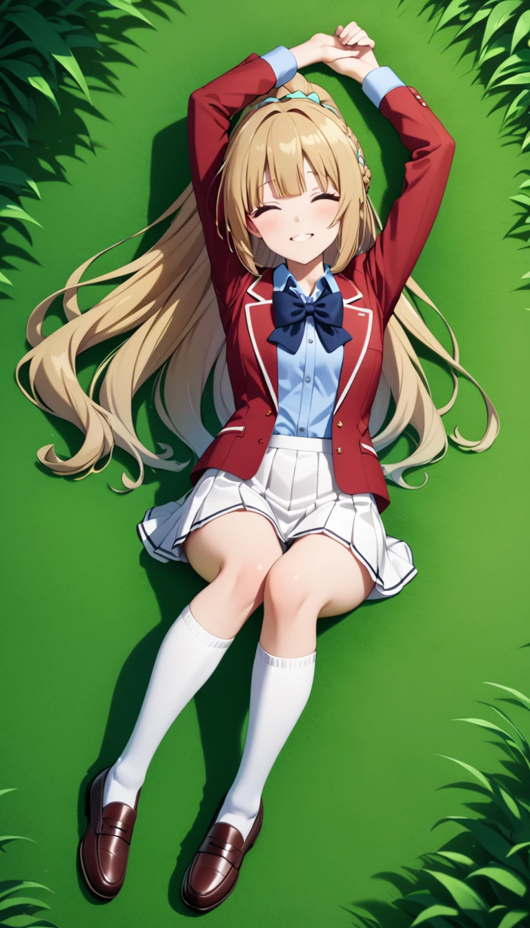 masterpiece, best quality, highres, ponytail hair, (single braid:1.2), hair ribbon, red blazer,buttoned blazer, blue bowtie, long sleeves, white skirt,knee socks,leather shoes,lying on grass,closed reg , closed knees , arms straight up stretching ,smile,fullbody