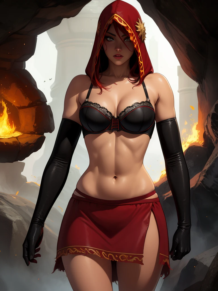 Dsorceress, redhair, shadowy face,dark cave, fire, hood, shadowed face, strapless bra, slim and athletic body, miniskirt, no panty, elbow gloves, dark skin, 1 girl (insanely detailed, masterpiece, best quality)