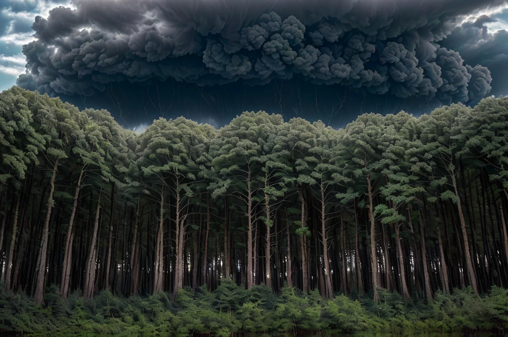 (((Masterpiece))), (high quality), (In the forest at dusk,The camera is in the forest:1.5),There are lots of big trees around,(It is surrounded by dozens of trees.:1.5),(Black clouds cover the sky:1.5),The Storm is Coming,There are large trees all around, and I'm looking up at them.,Realistic