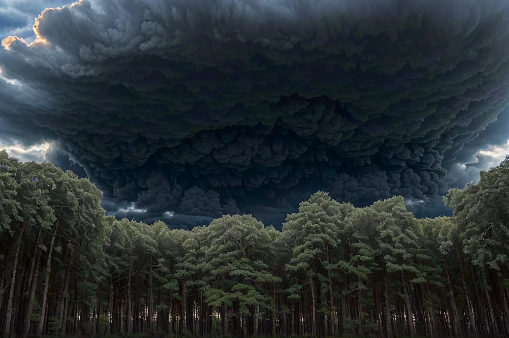 (((Masterpiece))), (high quality), (In the forest at dusk,The camera is in the forest:1.5),There are lots of big trees around,(It is surrounded by dozens of trees.:1.5),(Black clouds cover the sky:1.5),The Storm is Coming,There are large trees all around, and I&#39;m looking up at them.,Realistic
