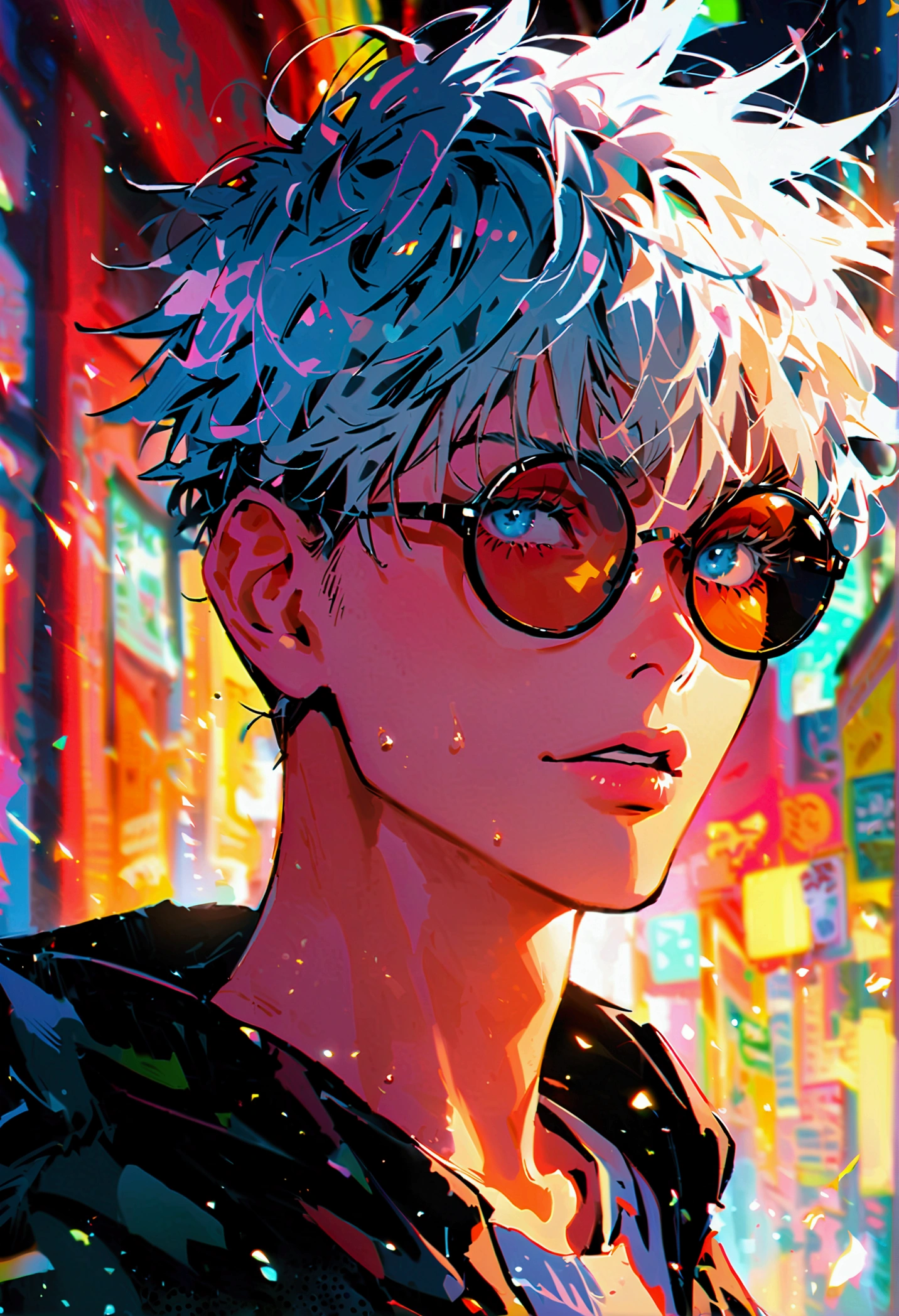 (1boy,gojou satoru,jujutsu kaisen),Black round lens sunglasses,artwork