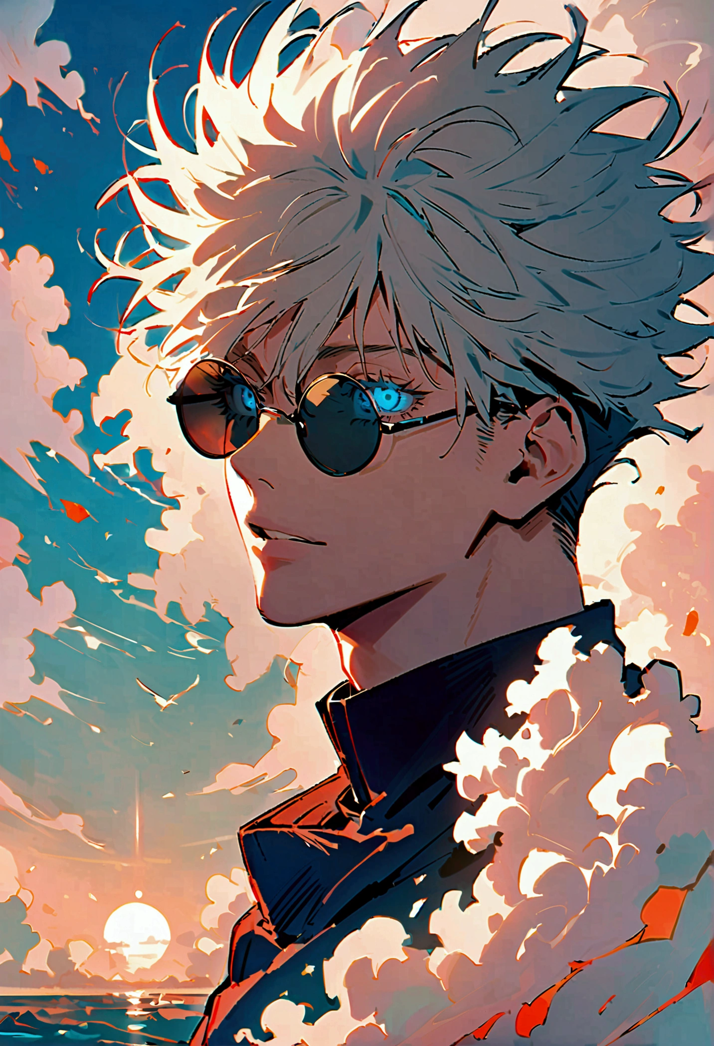 (1boy,gojou satoru,jujutsu kaisen),Black round lens sunglasses,artwork