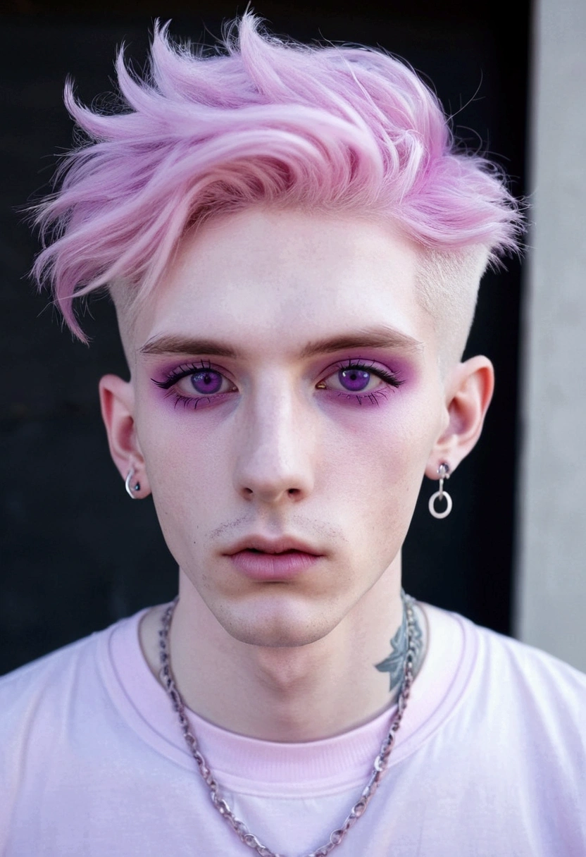 short pink hair, skinny man, pastel goth, piercings, pale skin, purple eyes