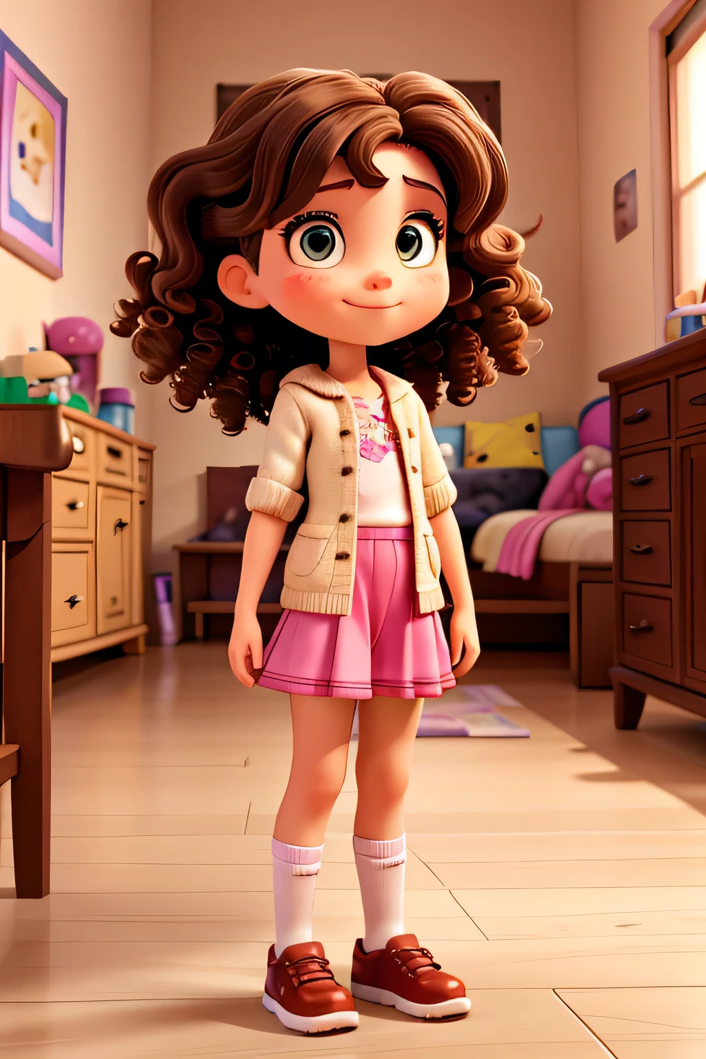 a seven-year-old girl, full of energy and curiosity. She has curly brown hair that falls over her shoulders, and her bright brown eyes, always attentive and full of life. Isadora is of average height for her age and prefers to wear colorful and fun clothes, reflecting her cheerful personality.