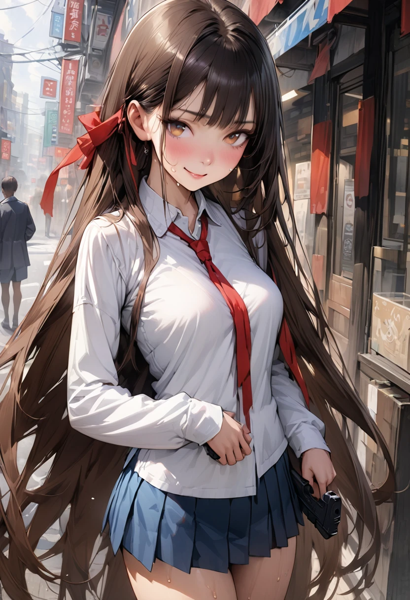 (A detailed depiction of a woman holding a handgun)、((masterpiece,Highest quality:1.3,best quality illustration,realistic:1.3)),cowboy shot,独奏,1woman,(18-year-old、Japanese Beauty),dark brown hair,long hair,bangs,brown eyes,gorgeous eyes,(very small head:1.3),smile,(very long body:1.2,skinny),medium breasts,(Red ribbon tie、White long sleeve collared shirt、Navy blue pleated mini skirt),gleaming skin,toned body,slender body,sweat,standing,on street,neon、