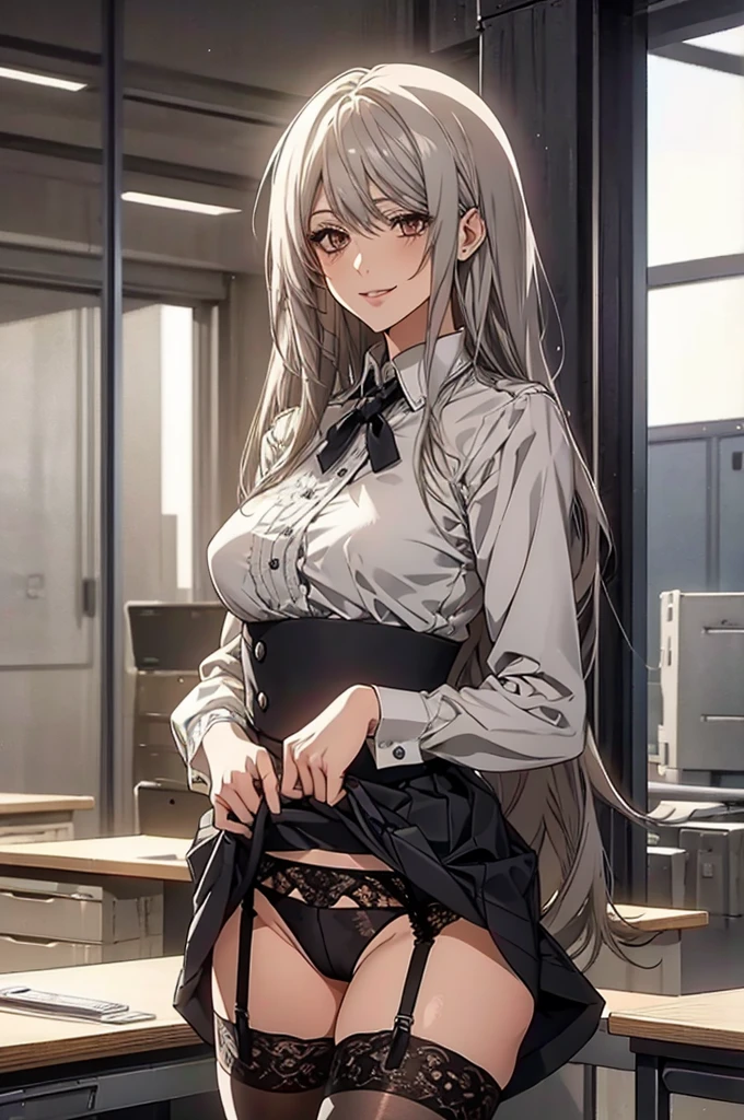 (Highest quality, High resolution, Very detailed), 1 female, Silver Hair, Long Hair, Reddish brown eyes, office staff suit skirt, lace thong, garter belt, secretary, 24th generation, Beautiful woman, mature, quiet, Calm, Large Breasts, A small smile, office,