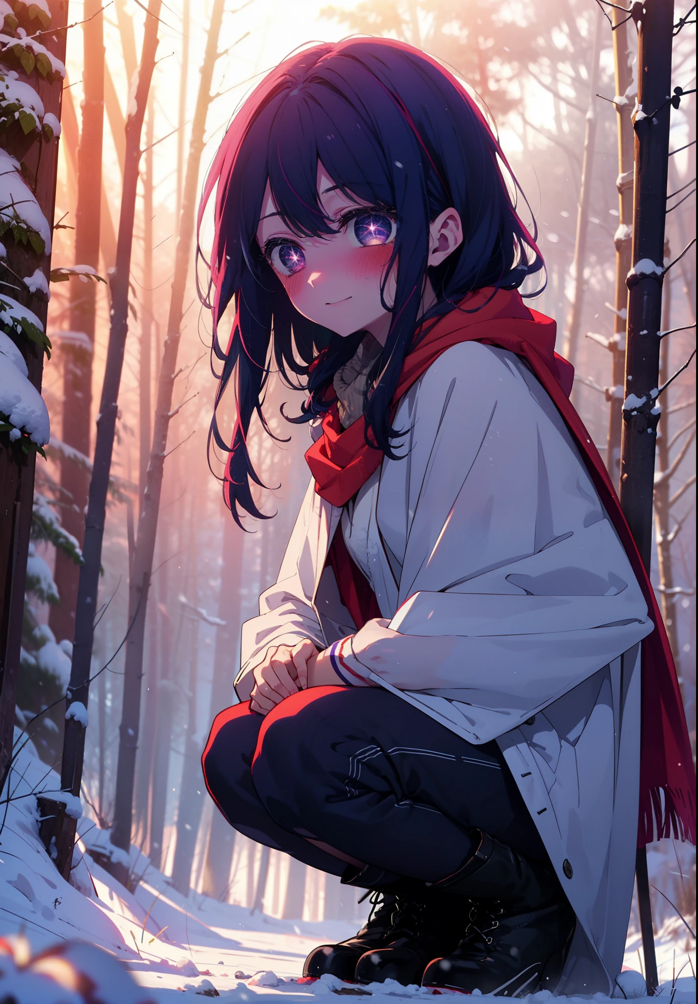 aihoshino, Ai Hoshino, Long Hair, bangs, (Purple eyes:1.1), Purple Hair, (Symbol-shaped pupil:1.5), smile,,smile,blush,White Breath,
Open your mouth,snow,Ground bonfire, Outdoor, boots, snowing, From the side, wood, suitcase, Cape, Blurred, , forest, White handbag, nature,  Squat, Mouth closed, Cape, winter, Written boundary depth, Black shoes, red Cape break looking at viewer, Upper Body, whole body, break Outdoor, forest, nature, break (masterpiece:1.2), Highest quality, High resolution, unity 8k wallpaper, (shape:0.8), (Beautiful and beautiful eyes:1.6), Highly detailed face, Perfect lighting, Highly detailed CG, (Perfect hands, Perfect Anatomy),
