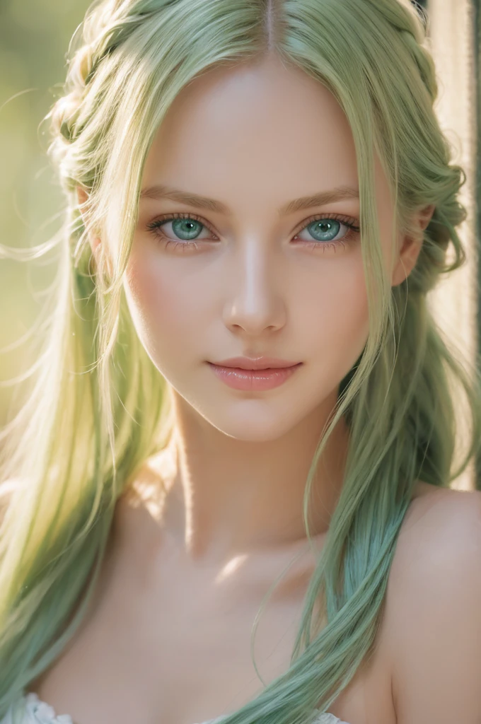 Soft portrait of a beautiful blonde woman, Flowing light green hair, Captivating blue eyes, Delicate features, A radiant smile, Natural Makeup, Elegant attire, Gentle expression, A faint blush, Warm skin tones, Fantastic lighting, Soft Shadows, High resolution digital painting, Realistic Style, Artistic interpretation, By a skilled portrait painter.