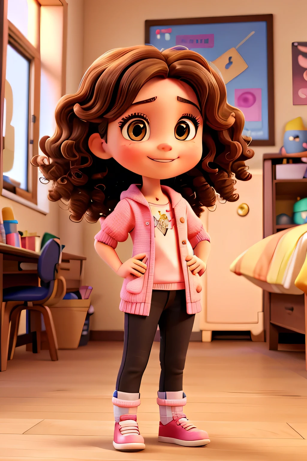 a seven-year-old girl, full of energy and curiosity. She has curly brown hair that falls over her shoulders, and her bright brown eyes, always attentive and full of life. Isadora is of average height for her age and prefers to wear colorful and fun clothes, reflecting her cheerful personality.