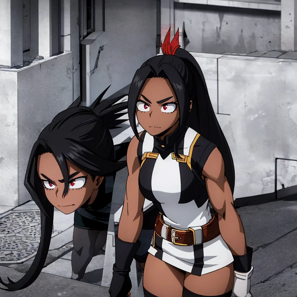 Dark-skinned woman with red eyes, fairly long black hair with a ponytail, strong body and somewhat large thighs and chest, wearing a black and gray hero costume Sleeveless, up to the neck with black stockings with Black with gray, brown gloves and a belt, along with two dark red wings on its back