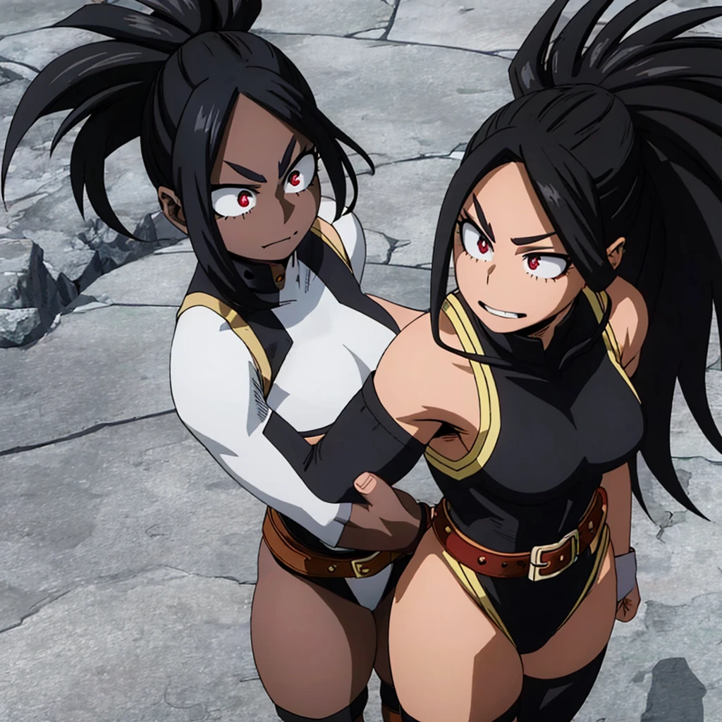 Dark-skinned woman with red eyes, fairly long black hair with a ponytail, strong body and somewhat large thighs and chest, wearing a black and gray hero costume Sleeveless, up to the neck with black stockings with Black with gray, brown gloves and a belt, along with two dark red wings on its back