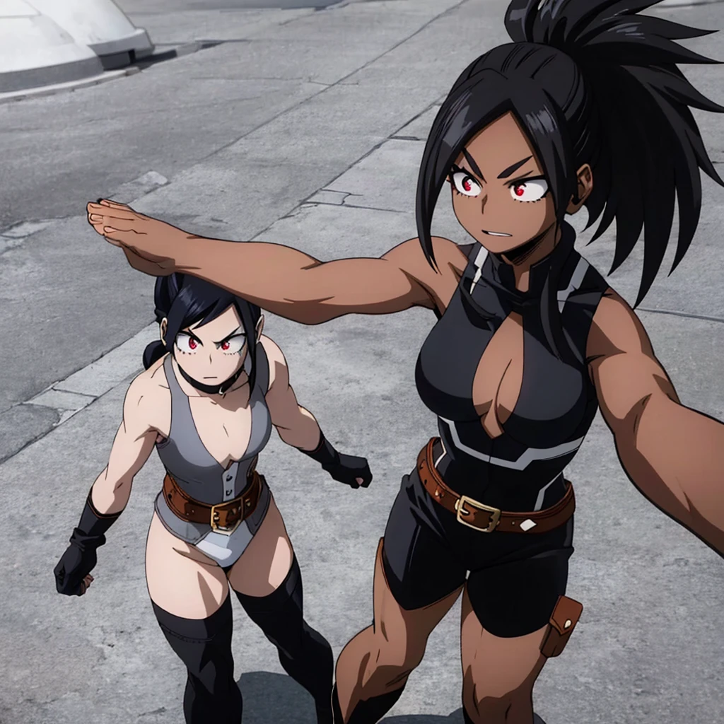 Dark-skinned woman with red eyes, fairly long black hair with a ponytail, strong body and somewhat large thighs and chest, wearing a black and gray hero costume Sleeveless, up to the neck with black stockings with Black with gray, brown gloves and a belt, along with two dark red wings on its back