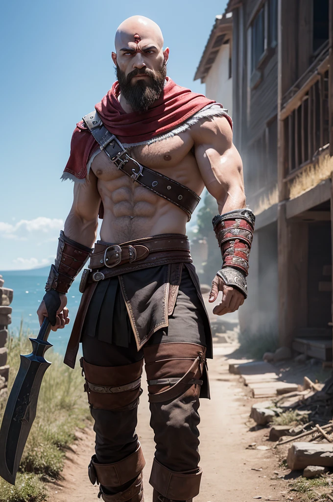 Create Kratos, in decanime form the protagonist of 'God of War',holding his iconic twin swords, both enveloped in burning flames. Kratos has his characteristic determined expression and is dressed in his characteristic armor., which should reflect details, like metallic textures and intricate patterns. The pose and scale of the model must be adjusted to harmoniously fit into a porcelain mug, ensuring every detail is visible and impressive."