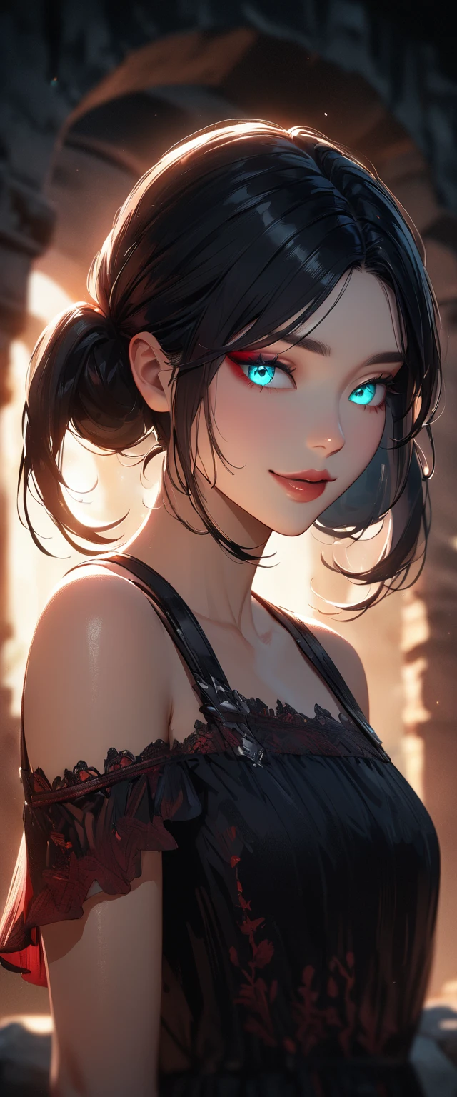 Photo of a woman with natural skin, ancient ruins, Upper Body, Smiling, High Twintails, Black hair with red mesh, Sharp eyes with red eyeshadow, Blue-green eyes, Shining eyes, A thin, upturned nose, Well-shaped lips, ((Black off-the-shoulder dress, Thin shoulder straps)), barefoot, Makeup, Exquisitely crafted with the utmost attention to detail, Vibrant, amazing, Smooth, Cinematic, 4K, Backlight, (()), Shallow depth of field, ((Detailed eyes:1.3, Detailed lips:1.3, high quality, )), masterpiece, Super detailed images, High quality