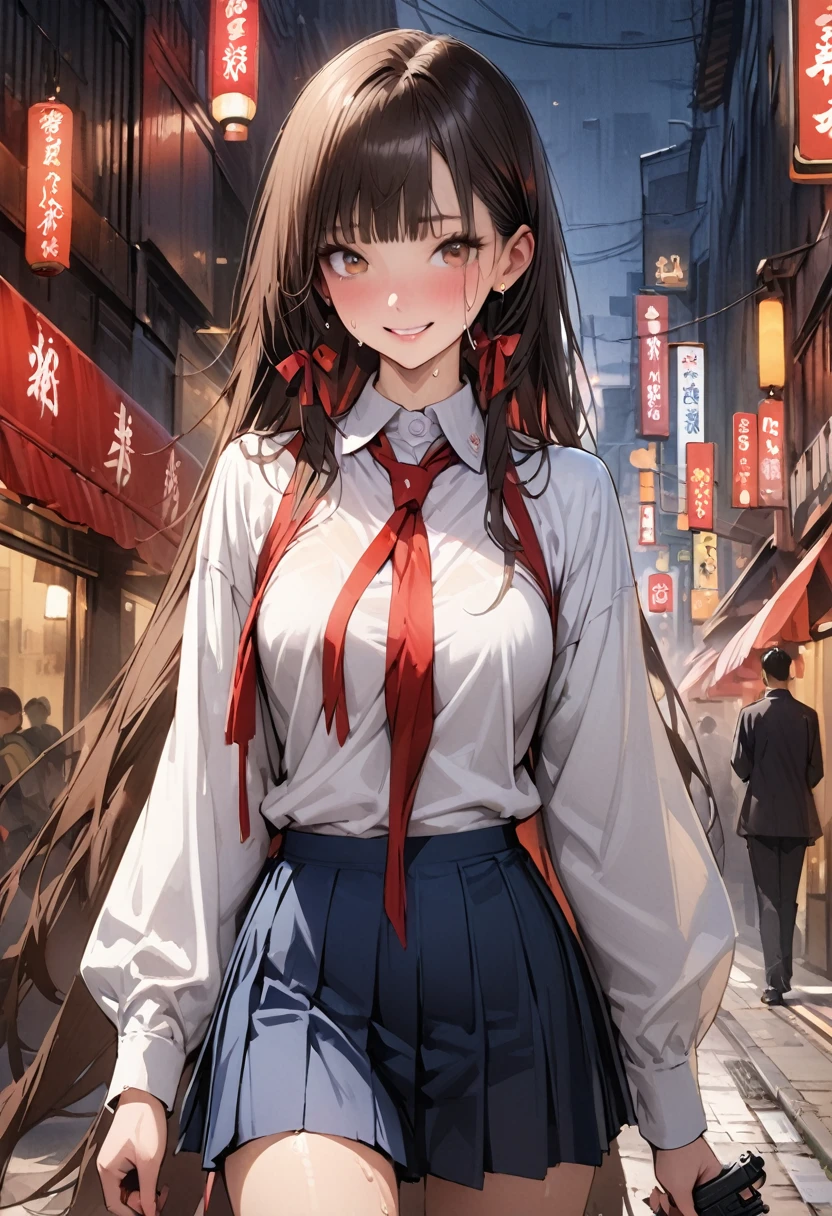 (A detailed depiction of a woman holding a handgun)、((masterpiece,Highest quality:1.3,best quality illustration,realistic:1.3)),cowboy shot,独奏,1woman,(18-year-old、Japanese Beauty),dark brown hair,long hair,bangs,brown eyes,gorgeous eyes,(very small head:1.3),smile,(very long body:1.2,skinny),medium breasts,(Red ribbon tie、White long sleeve collared shirt、Navy blue pleated mini skirt),gleaming skin,toned body,slender body,sweat,standing,on street,neon、