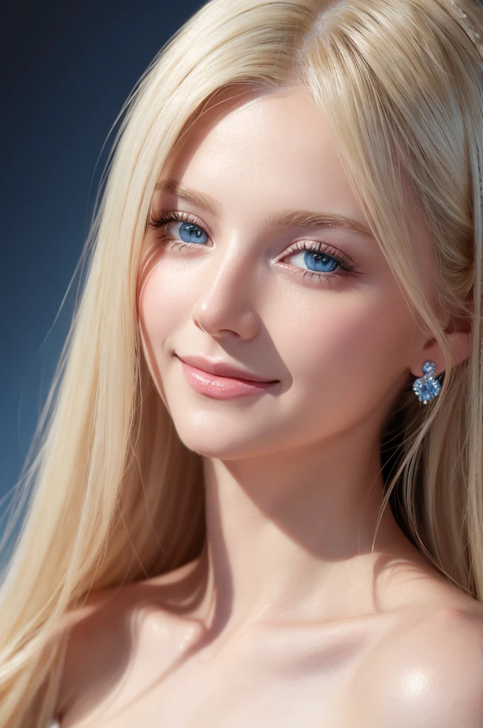 Soft portrait of a beautiful blonde woman, Flowing white hair, Captivating blue eyes, Delicate features, A radiant smile, Natural Makeup, Elegant attire, Gentle expression, A faint blush, Warm skin tones, Fantastic lighting, Soft Shadows, High resolution digital painting, Realistic Style, Artistic interpretation, By a skilled portrait painter.