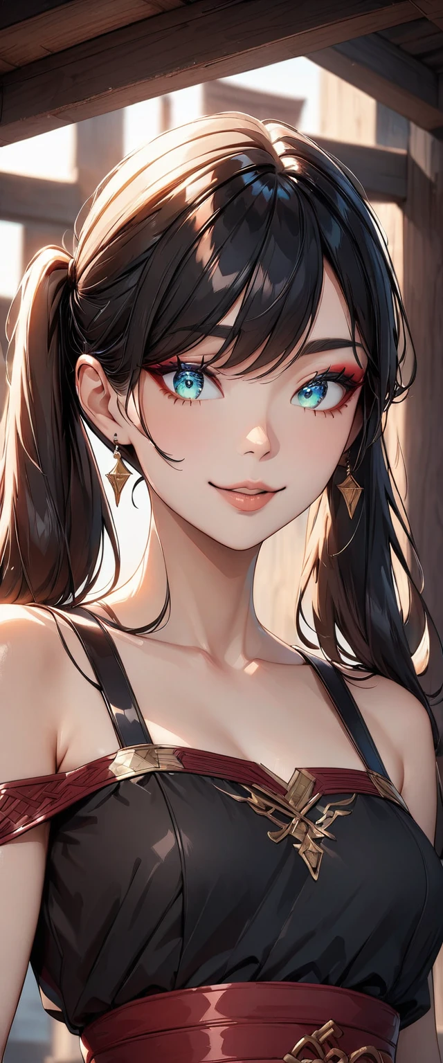 Photo of a woman with natural skin, Ancient Chinese Town, Upper Body, Smiling, High Twintails, Black hair with red mesh, Sharp eyes with red eyeshadow, Blue-green eyes, Shining eyes, A thin, upturned nose, Well-shaped lips, ((Black off-the-shoulder dress, Thin shoulder straps)), barefoot, Makeup, Exquisitely crafted with the utmost attention to detail, Vibrant, amazing, Smooth, Cinematic, 4K, Backlight, (()), Shallow depth of field, ((Detailed eyes:1.3, Detailed lips:1.3, high quality, )), masterpiece, Super detailed images, High quality