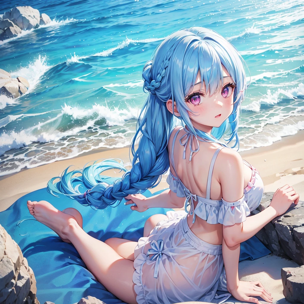 (Sky blue hair),(Braided hair tied together)、Pink eyes、Fair skin、(whole body)、(One Girl)、bikini、Shining white sand beach in midsummer、Okinawa&#39;s ocean、A happy smile、、(masterpiece、Highest quality、Very detailed、Best Shadow)、(Detailed Background)、(Beautifully detailed face)、High contrast、(Best lighting、Very delicate and beautiful)、((Cinematic Light))、colorful、Hyper Detail、Dramatic Light、Exquisite detail、Jumping and having fun