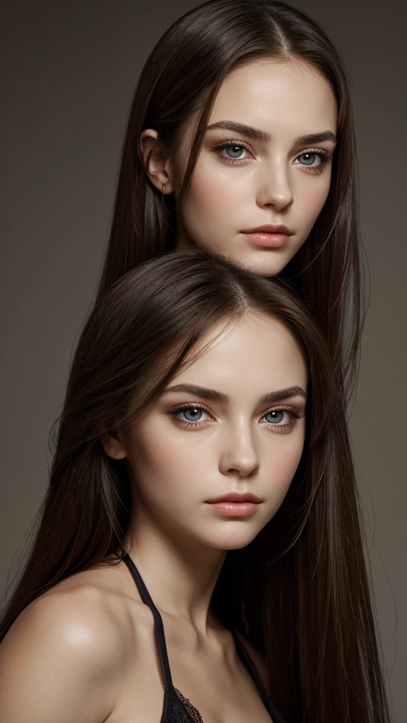 Portrait of a woman, European, attractive face, oval face, seductive eyes, slightly sad expression, long straight hair, frontal, gently arched eyebrows