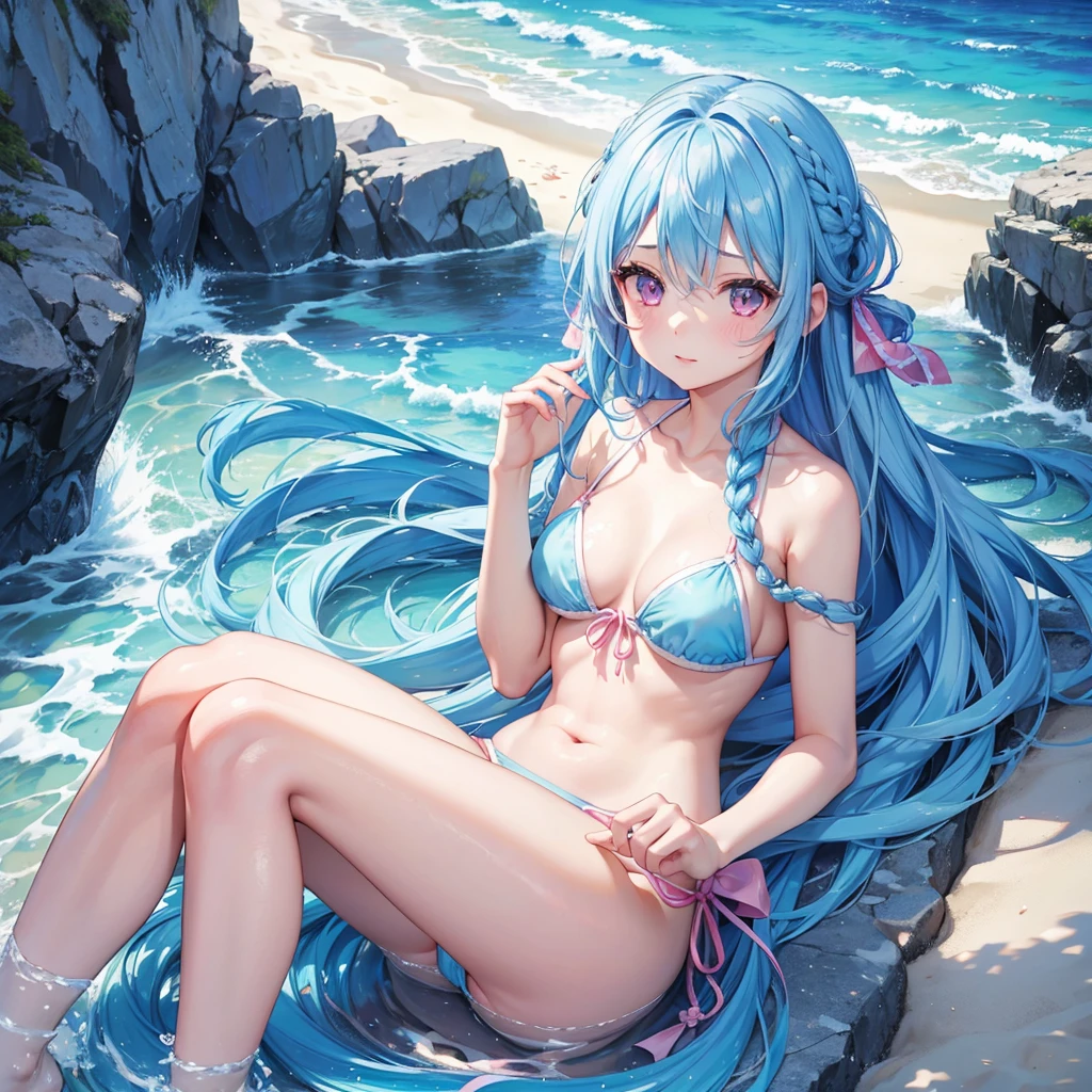 (Sky blue hair),(Braided hair tied together)、Pink eyes、Fair skin、(whole body)、(One Girl)、bikini、Shining white sand beach in midsummer、Okinawa's ocean、A happy smile、、(masterpiece、Highest quality、Very detailed、Best Shadow)、(Detailed Background)、(Beautifully detailed face)、High contrast、(Best lighting、Very delicate and beautiful)、((Cinematic Light))、colorful、Hyper Detail、Dramatic Light、Exquisite detail、Jumping and having fun