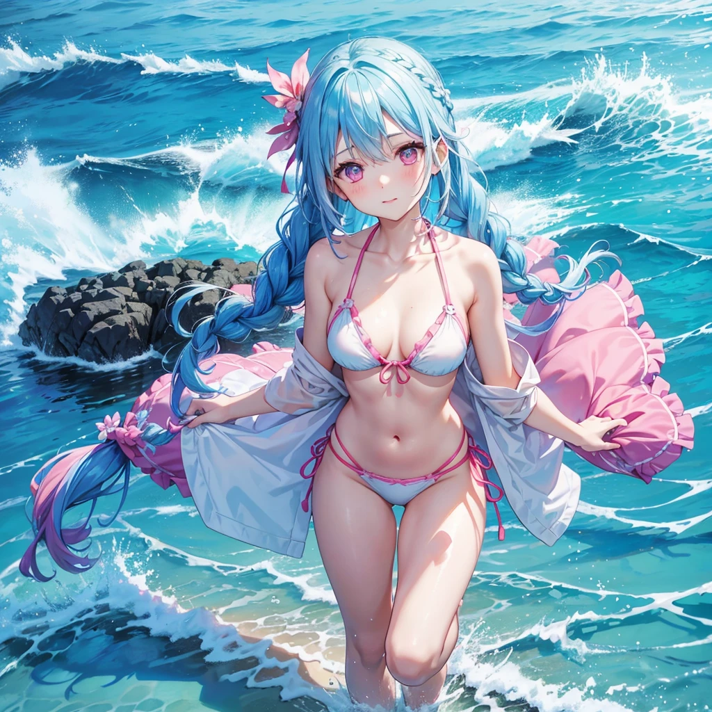 (Sky blue hair),(Braided hair tied together)、Pink eyes、Fair skin、(whole body)、(One Girl)、bikini、Shining white sand beach in midsummer、Okinawa&#39;s ocean、A happy smile、、(masterpiece、Highest quality、Very detailed、Best Shadow)、(Detailed Background)、(Beautifully detailed face)、High contrast、(Best lighting、Very delicate and beautiful)、((Cinematic Light))、colorful、Hyper Detail、Dramatic Light、Exquisite detail、Jumping and having fun