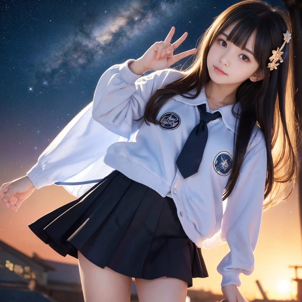 Beautiful images、universe、Fantasy、Shooting start or swarm、age Girl、black eye、Hair length、Starry Sky、Japanese、high school girl、camisole、Fluttering mini skirt、