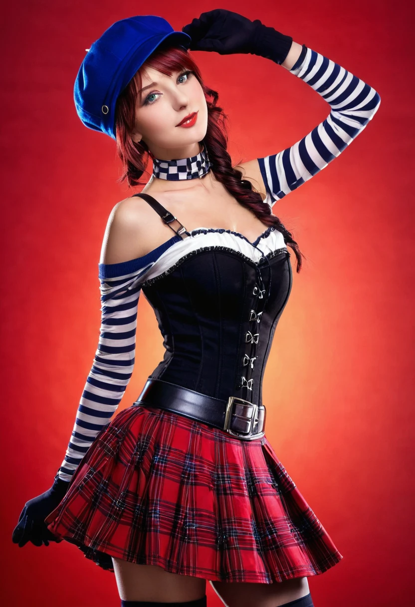 Cute female, backlighting, silhouette, green eyes, blue headwear, cabbie hat, corset, striped gloves, elbow gloves, red skirt, plaid skirt, belt, red choker, shoulder bag, bare shoulders, dynamic angle, shiny background