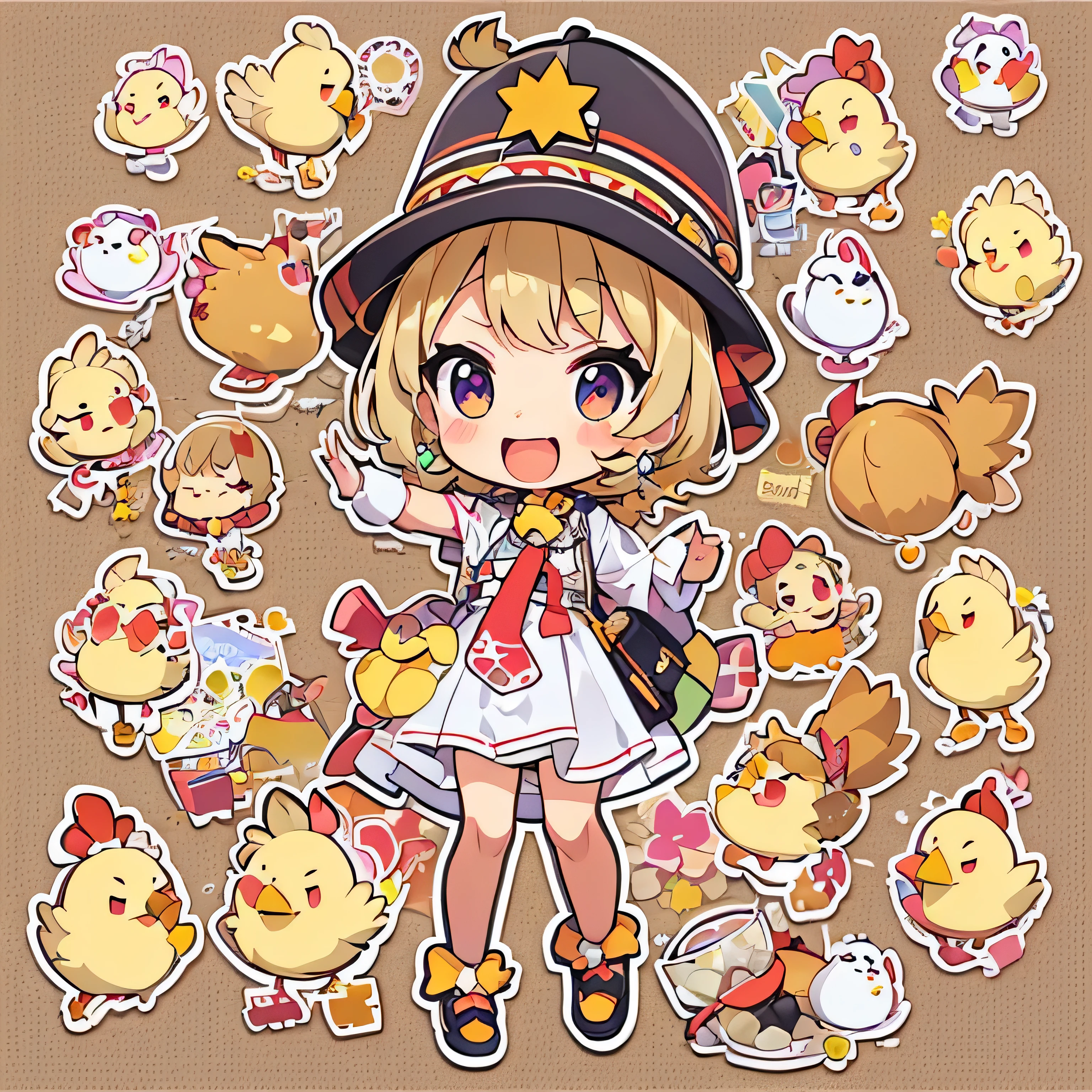 Characters laugh out loud.
The character falls flat on his stomach., Cartoon girl in a chicken costume with a hat and holding hands,  The cutest stickers ever, cute digital art, Chibi Girl, Cute anime style, cute detailed digital art, Anime Chibi, cute anime girl, chibi anime girl, Luan cute Vtuber, sticker illustration