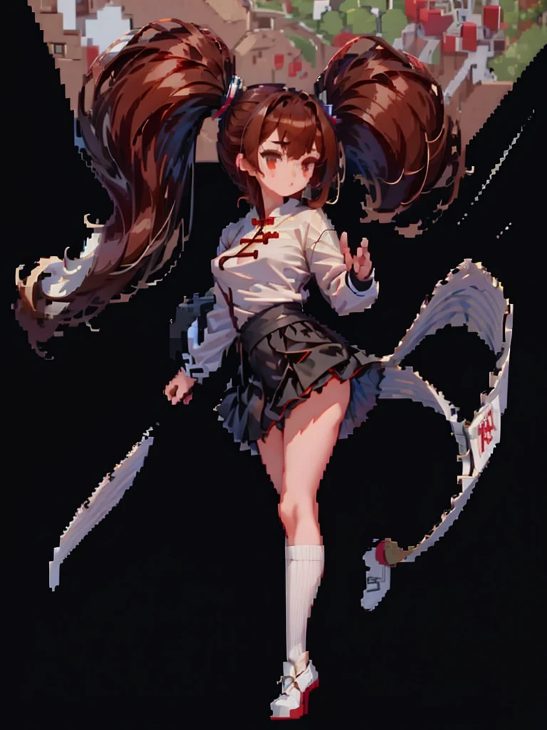 masterpiece, Highest quality, 8K, Pixel Art, ((One woman)), whole body, fine, fineな顔, {{China dress, red, Beautiful embroidery, mini, Tai Chi Pattern}}Chinese clothing, Brown Hair, Ring-shaped hair, Twin tails, High Kick:1.3, {Circular kick}, effect, 炎のeffect, 派手なeffect
